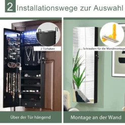 Verspiegelter Schmuckschrank Abschließbar Wand- / Türmontage 36 x 10 x 108 cm Schwarz