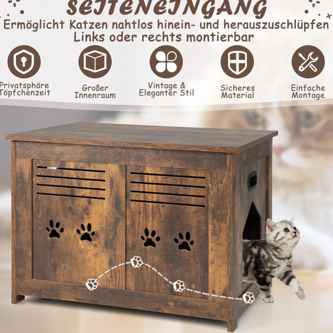 Verstecktes Katzenhaus mit Seitlichem Eingang aus Holz 70 x 52 x 51 cm Rustikales Braun