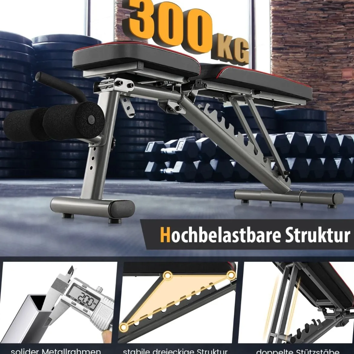 Verstellbare Hantelbank mit 2 Transporträdern Ganzkörper-Trainingsbank Schwarz