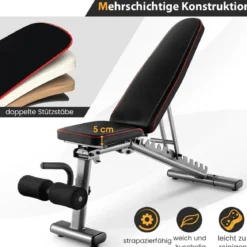 Verstellbare Hantelbank mit 2 Transporträdern Ganzkörper-Trainingsbank Schwarz