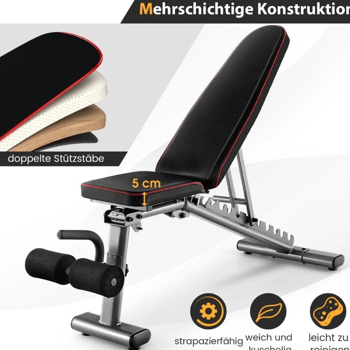 Verstellbare Hantelbank mit 2 Transporträdern Ganzkörper-Trainingsbank Schwarz