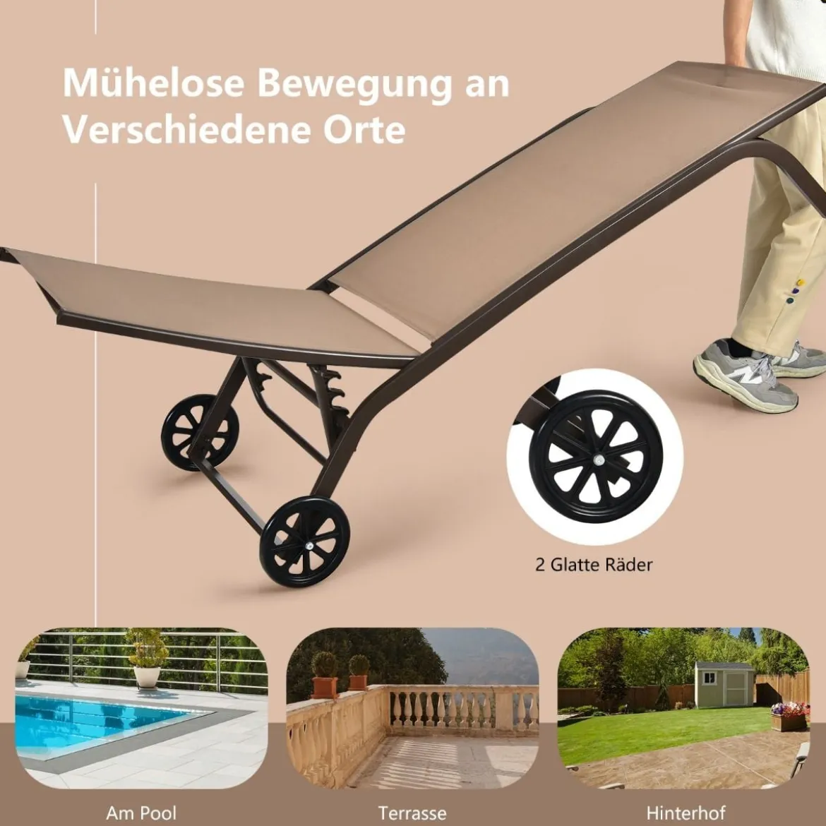 Verstellbare Outdoor-Liege mit Rädern und Schnell Trocknendem Stoff für Pool und Garten