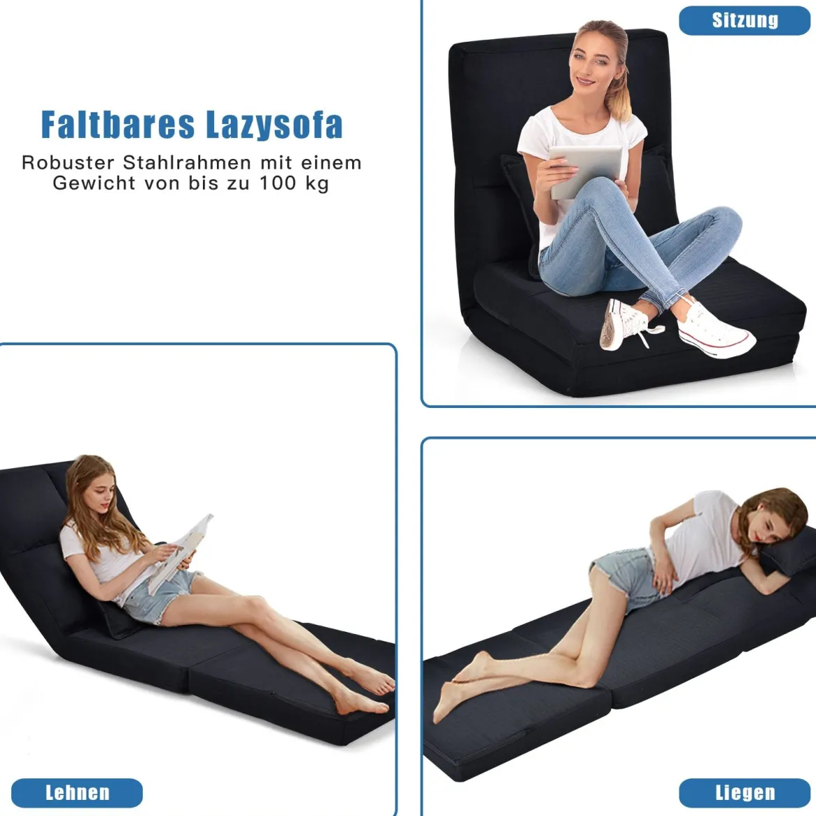 Verstellbarer Bodenstuhl Klappbares Bodensofa mit weichem Kissen Bodensessel Schwarz