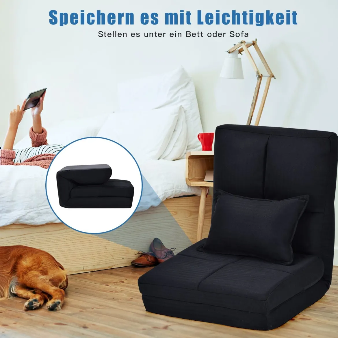 Verstellbarer Bodenstuhl Klappbares Bodensofa mit weichem Kissen Bodensessel Schwarz