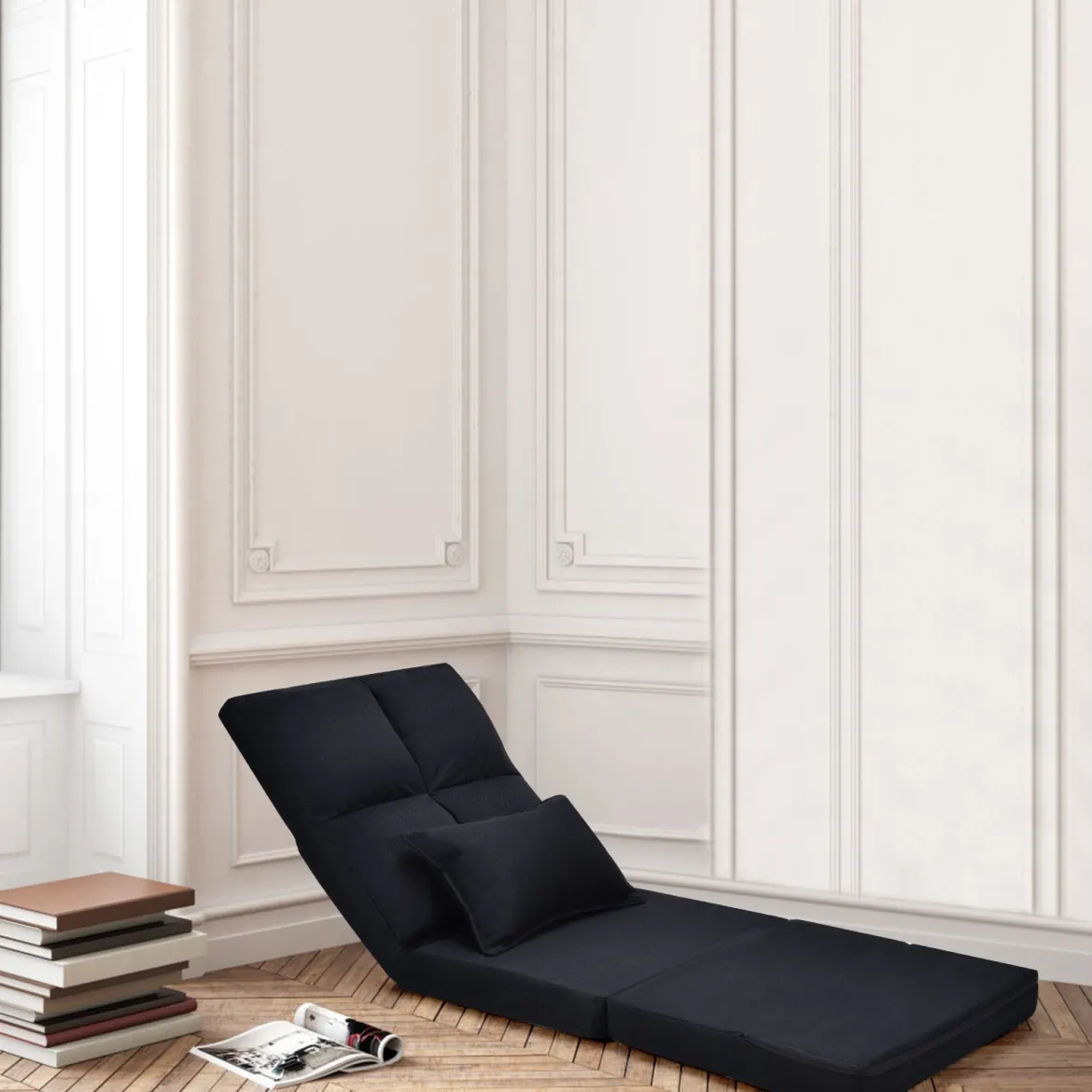 Verstellbarer Bodenstuhl Klappbares Bodensofa mit weichem Kissen Bodensessel Schwarz