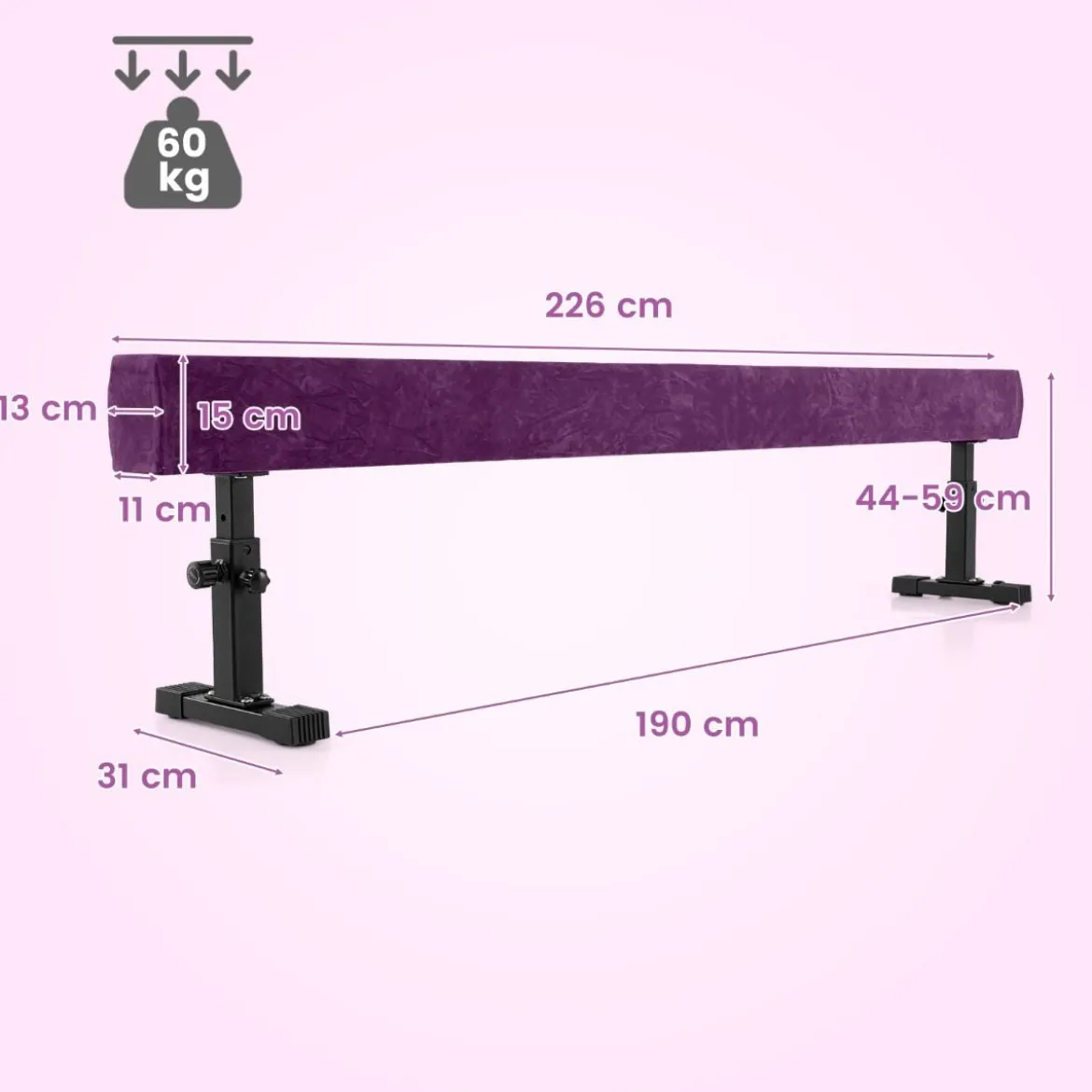 Verstellbarer Schwebebalken 226 cm Hoher und Tiefer Gymnastikbalken mit 3 Höhen Violett