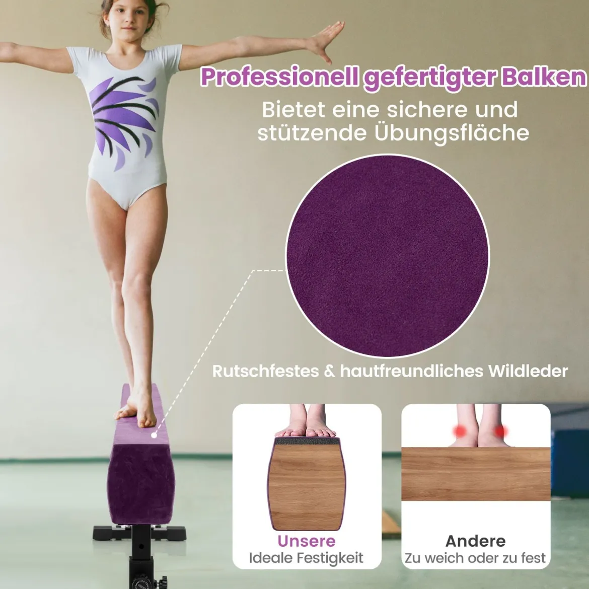 Verstellbarer Schwebebalken 226 cm Hoher und Tiefer Gymnastikbalken mit 3 Höhen Violett