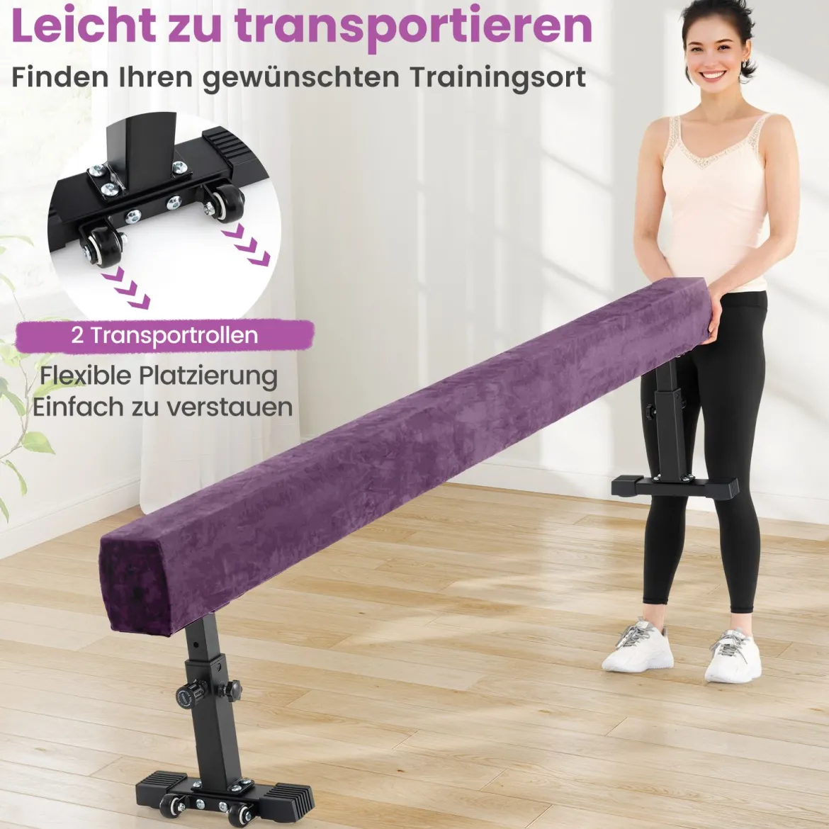 Verstellbarer Schwebebalken 226 cm Hoher und Tiefer Gymnastikbalken mit 3 Höhen Violett