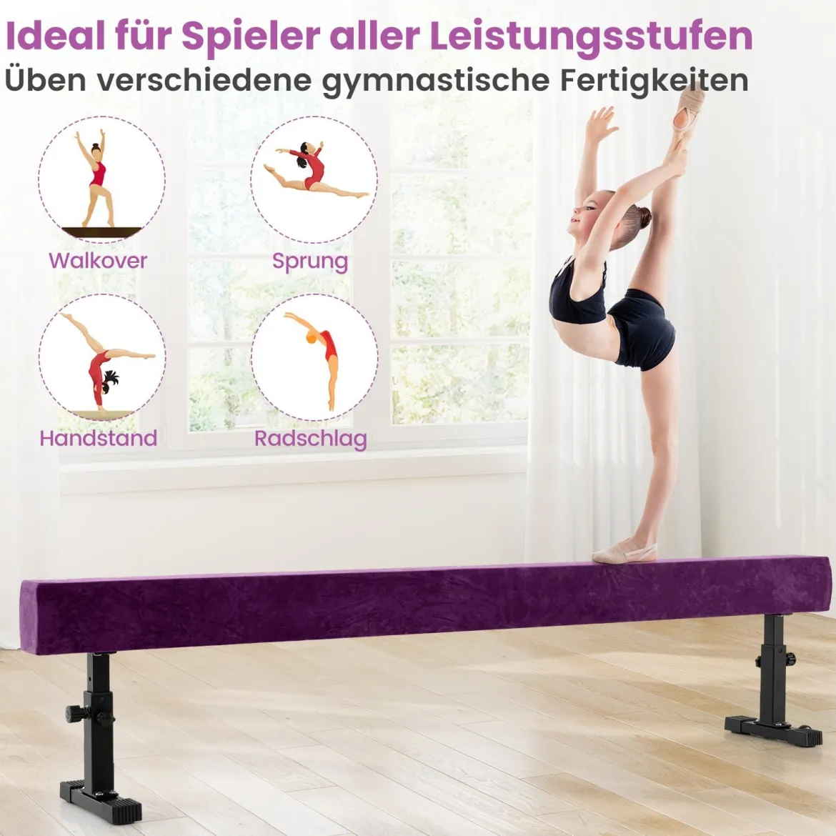 Verstellbarer Schwebebalken 226 cm Hoher und Tiefer Gymnastikbalken mit 3 Höhen Violett