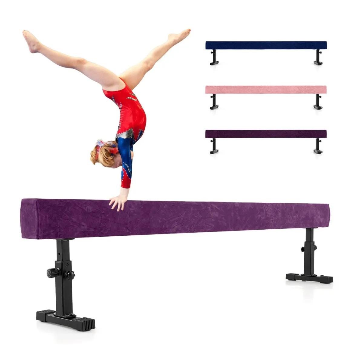 Verstellbarer Schwebebalken 226 cm Hoher und Tiefer Gymnastikbalken mit 3 Höhen Violett