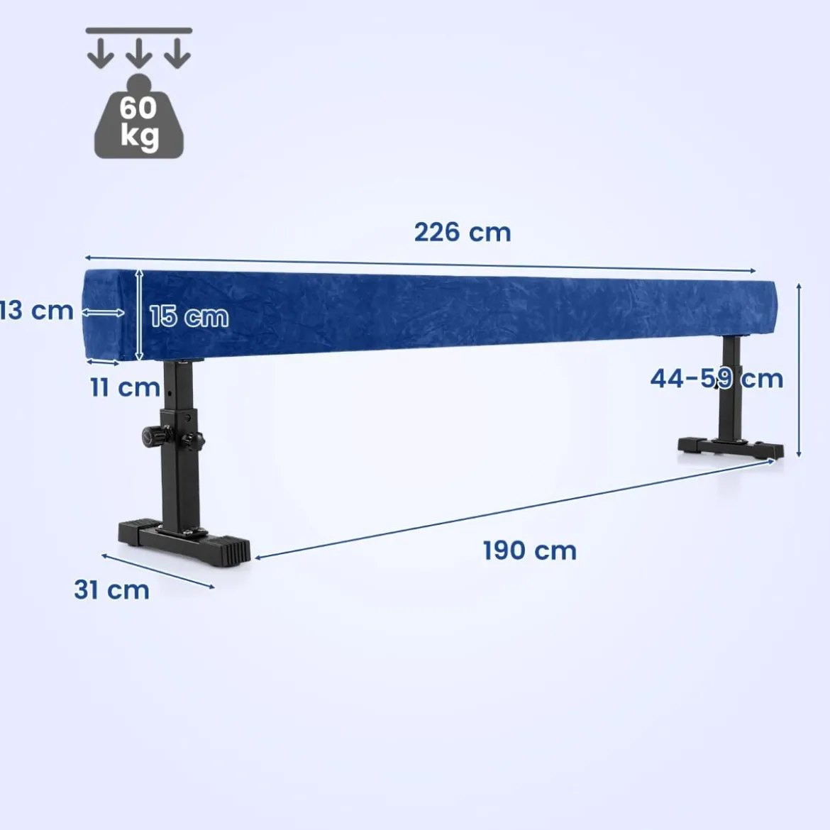 Verstellbarer Schwebebalken 226 cm Hoher und Tiefer Gymnastikbalken mit 3 Höhen Blau