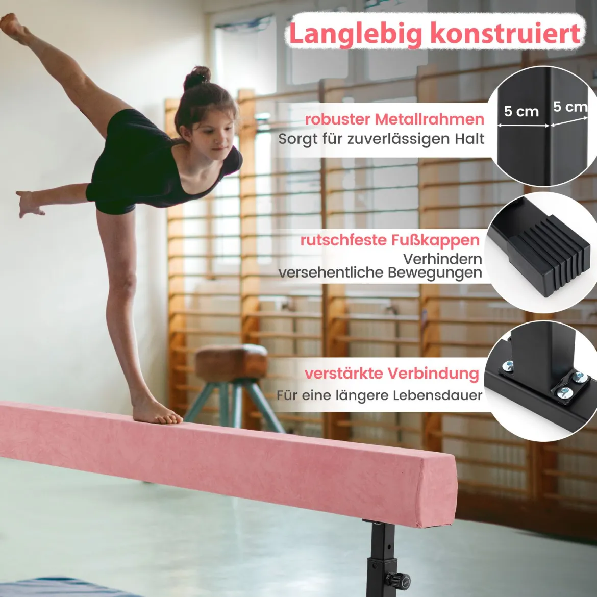 Verstellbarer Schwebebalken 226 cm Hoher und Tiefer Gymnastikbalken mit 3 Höhen Rosa