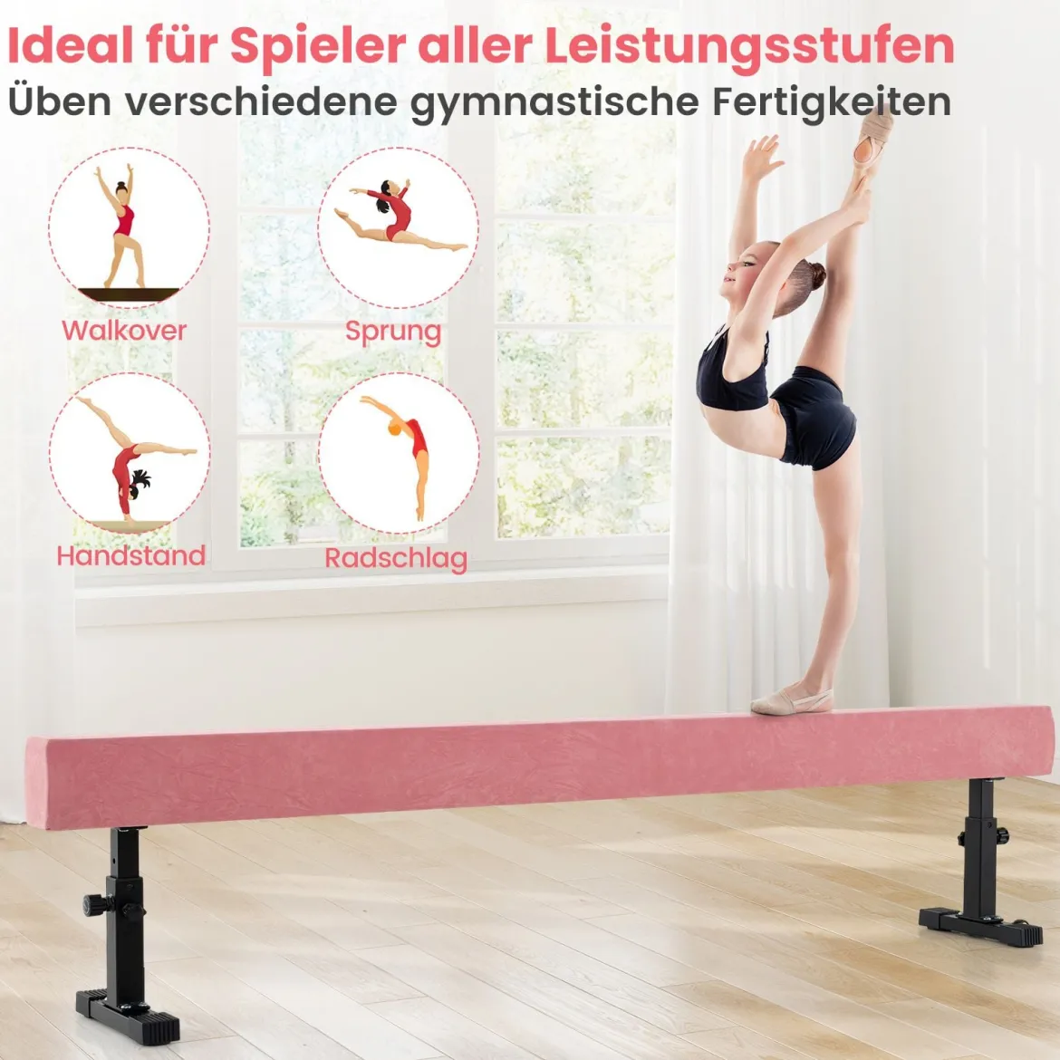 Verstellbarer Schwebebalken 226 cm Hoher und Tiefer Gymnastikbalken mit 3 Höhen Rosa