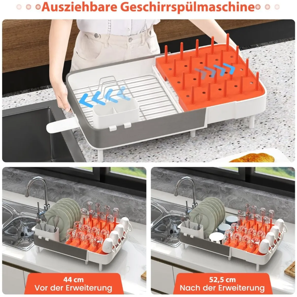 Verstellbares Abtropfgestell mit Abnehmbarem Besteckhalter & Tassenhalter Erweiterbar