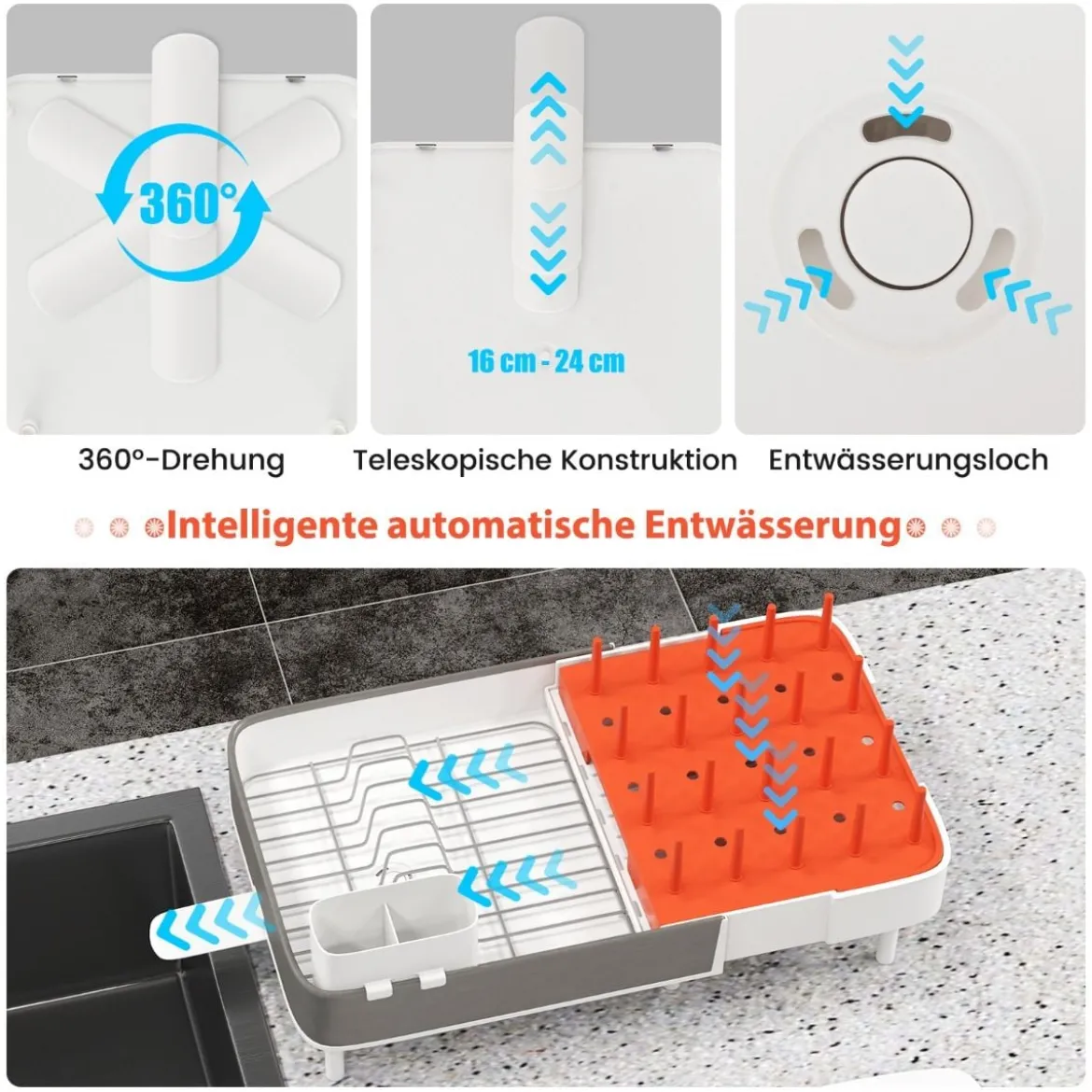 Verstellbares Abtropfgestell mit Abnehmbarem Besteckhalter & Tassenhalter Erweiterbar