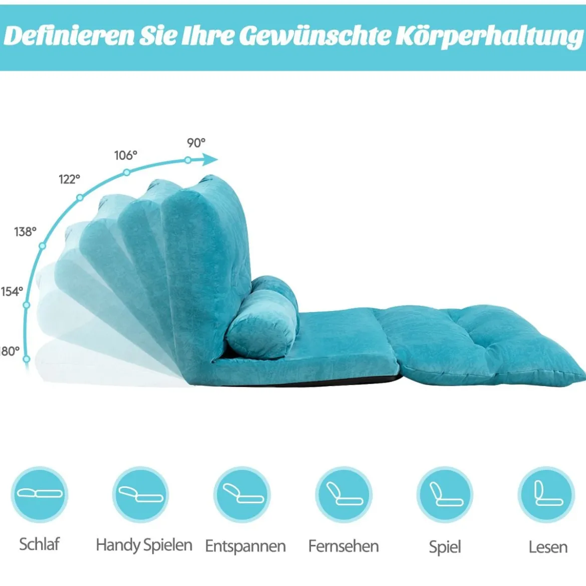 Verstellbares Bodensofa und Couch Bodensofa mit 2 Kissen 180 x 98 x 18 cm Blau
