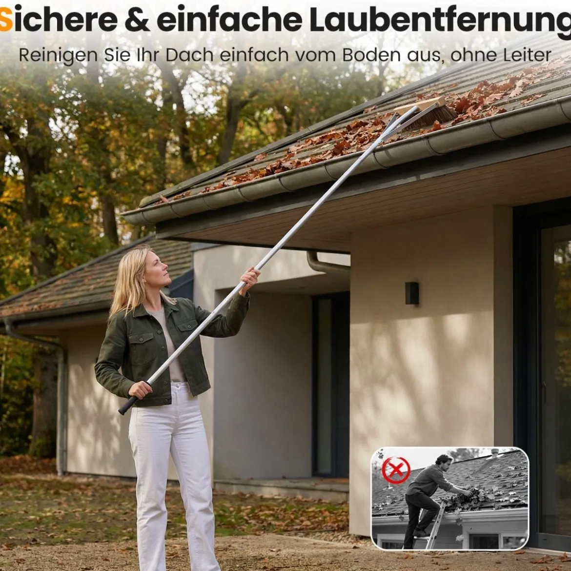 Verstellbares Dachreinigungswerkzeug mit 5 Leichten Alu Verlängerungsstangen Dachbürste Dachrechen