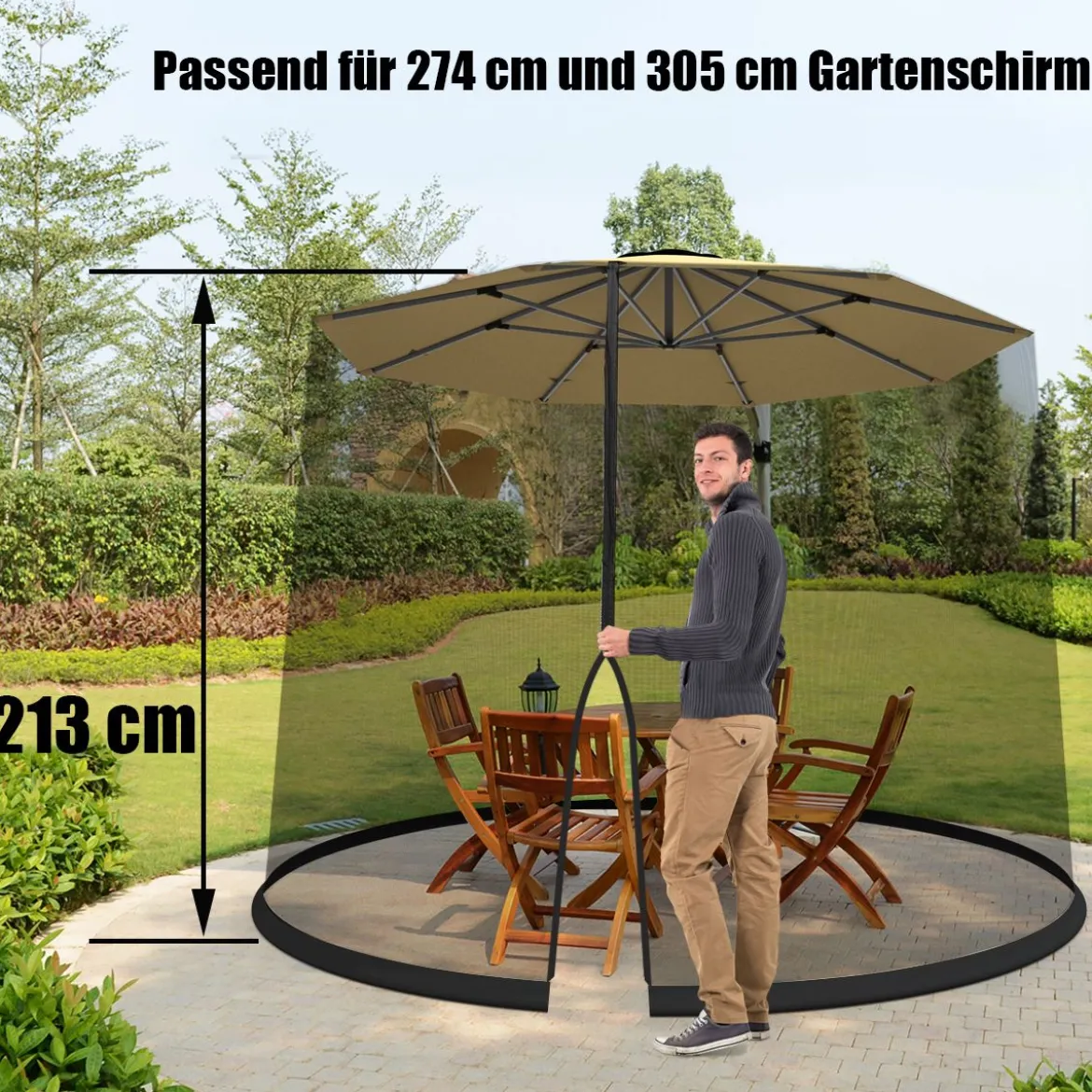 Verstellbares Moskitonetz für 270-300 cm Sonnenschirme Pavillon Insektenschutz Schwarz