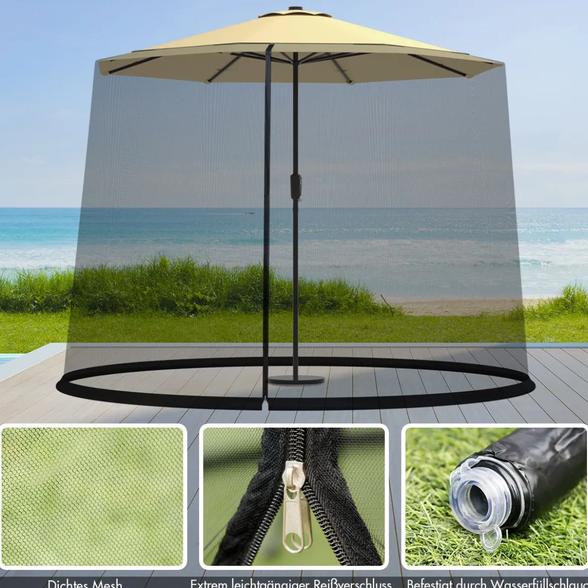 Verstellbares Moskitonetz für 270-300 cm Sonnenschirme Pavillon Insektenschutz Schwarz