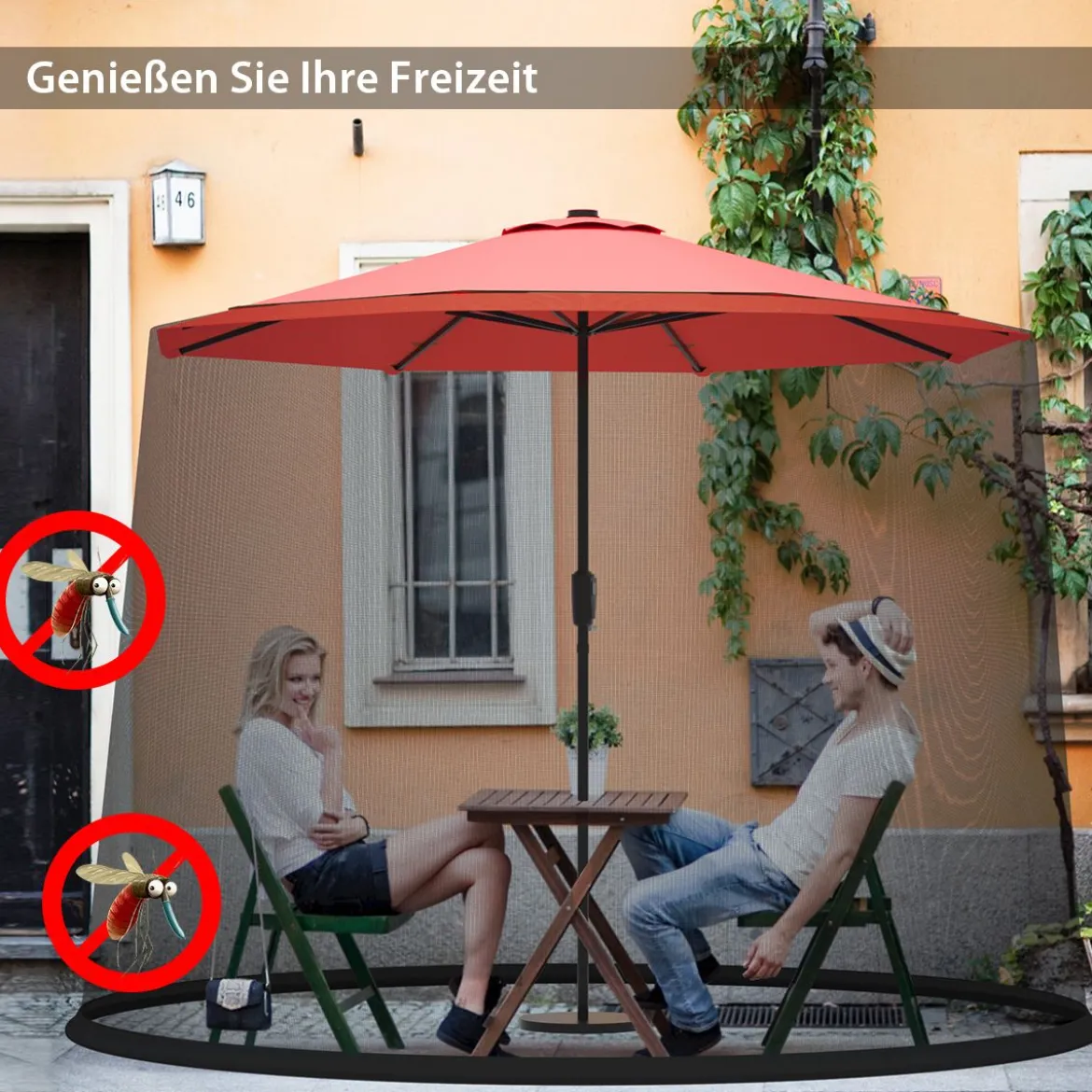 Verstellbares Moskitonetz für 270-300 cm Sonnenschirme Pavillon Insektenschutz Schwarz