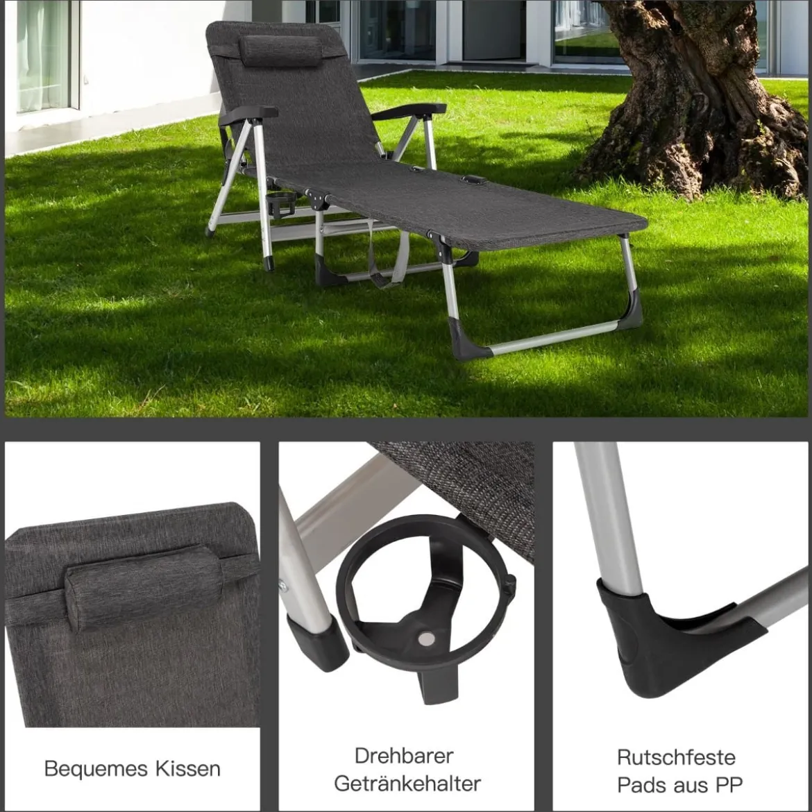 Verstellbare Sonnenliege Outdoor-Loungesessel 134-190 x 71 x 61,5-95 cm Grau
