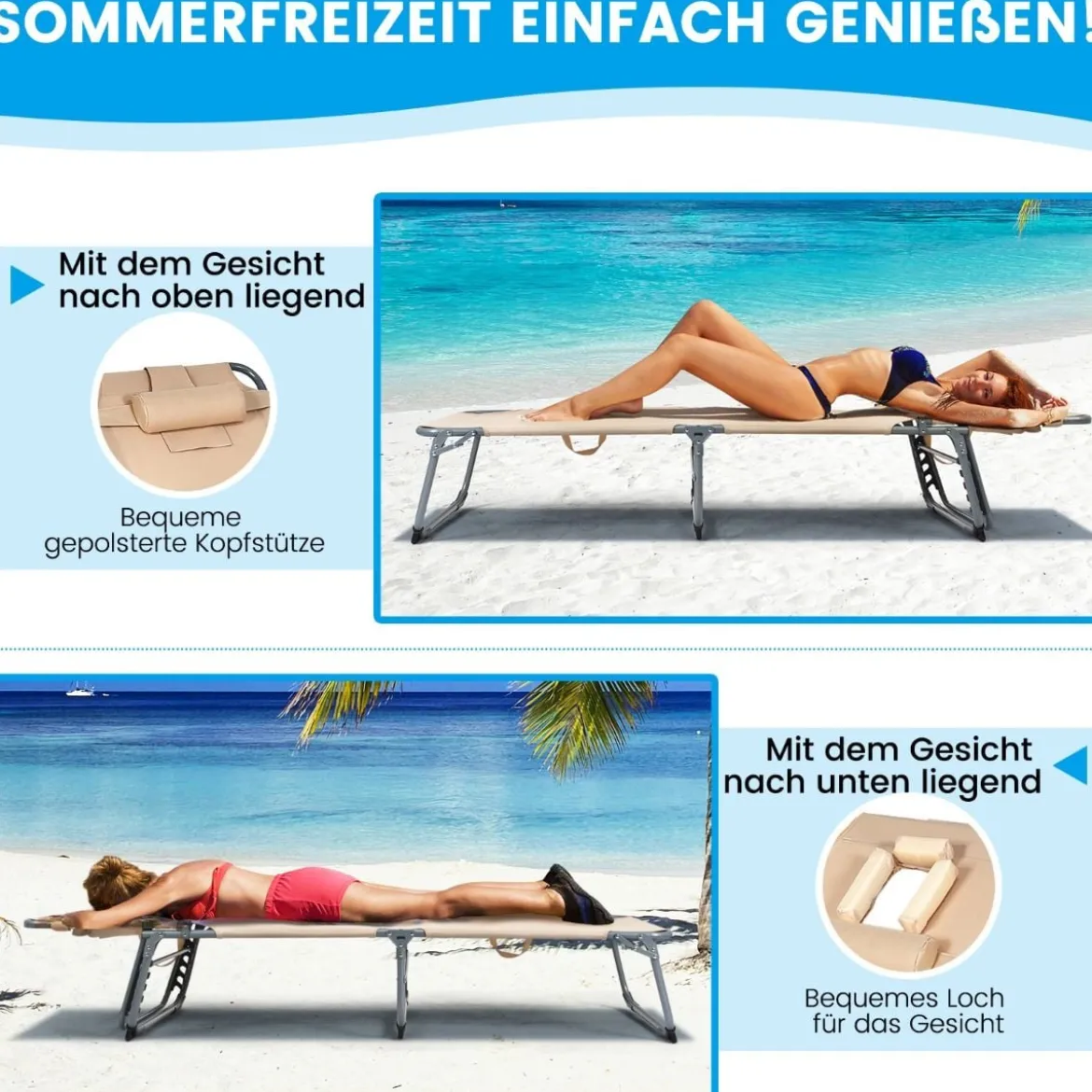 Verstellbare Sonnenliege Zusammenklappbare Strandliege mit Kissen 194 x 61 x 35,5 – 86,5 cm Beige