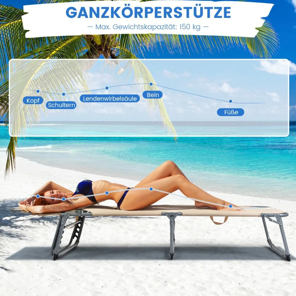 Verstellbare Sonnenliege Zusammenklappbare Strandliege mit Kissen 194 x 61 x 35,5 – 86,5 cm Beige