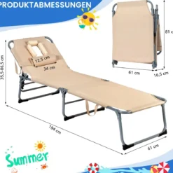 Verstellbare Sonnenliege Zusammenklappbare Strandliege mit Kissen 194 x 61 x 35,5 – 86,5 cm Beige