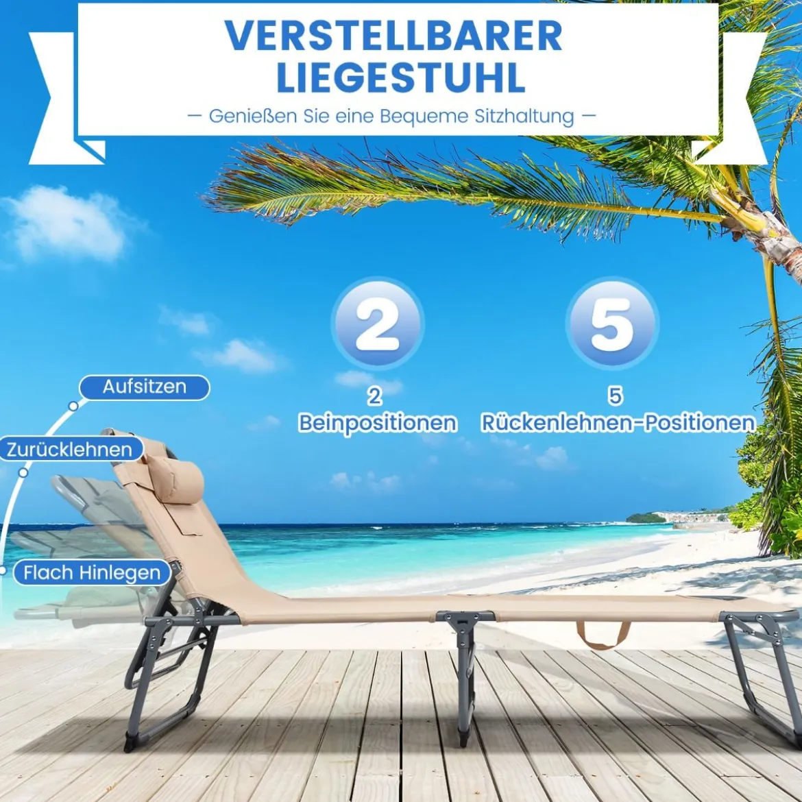 Verstellbare Sonnenliege Zusammenklappbare Strandliege mit Kissen 194 x 61 x 35,5 – 86,5 cm Beige