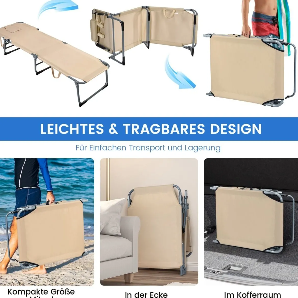 Verstellbare Sonnenliege Zusammenklappbare Strandliege mit Kissen 194 x 61 x 35,5 – 86,5 cm Beige