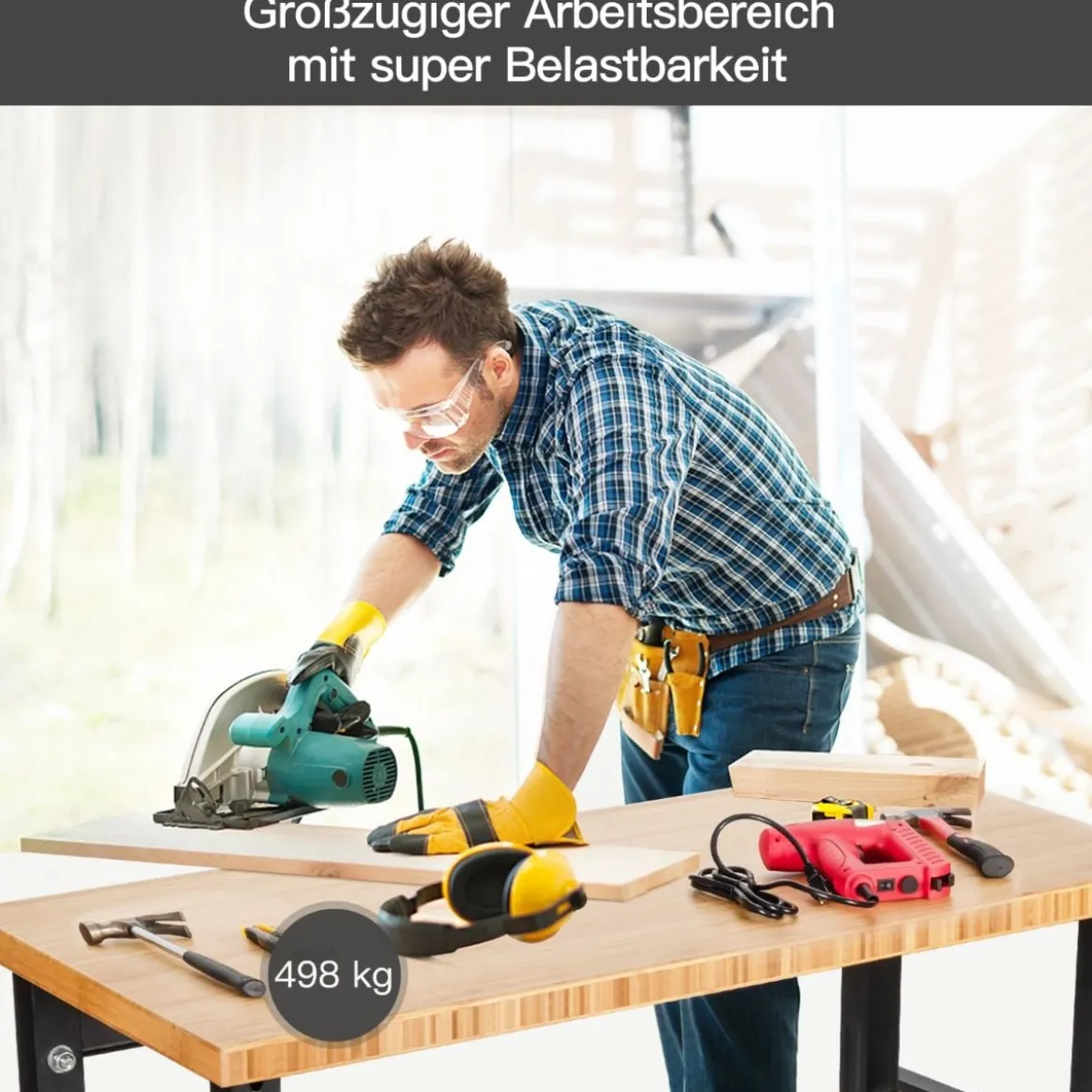 Verstellbare Werkbank mit Universalrollen Arbeitstisch aus Bambus 120 x 60 x 77-101 cm Natur