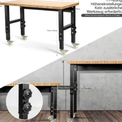 Verstellbare Werkbank mit Universalrollen Arbeitstisch aus Bambus 120 x 60 x 77-101 cm Natur