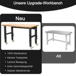 Verstellbare Werkbank mit Universalrollen Arbeitstisch aus Bambus 120 x 60 x 77-101 cm Natur
