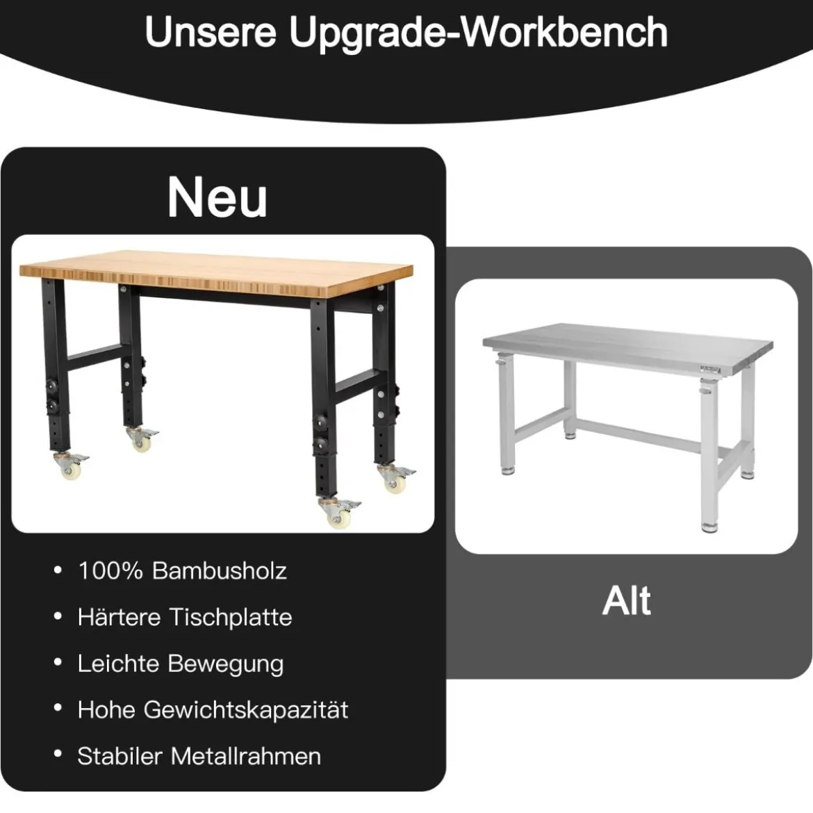 Verstellbare Werkbank mit Universalrollen Arbeitstisch aus Bambus 120 x 60 x 77-101 cm Natur