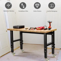 Verstellbare Werkbank mit Universalrollen Arbeitstisch aus Bambus 120 x 60 x 77-101 cm Natur