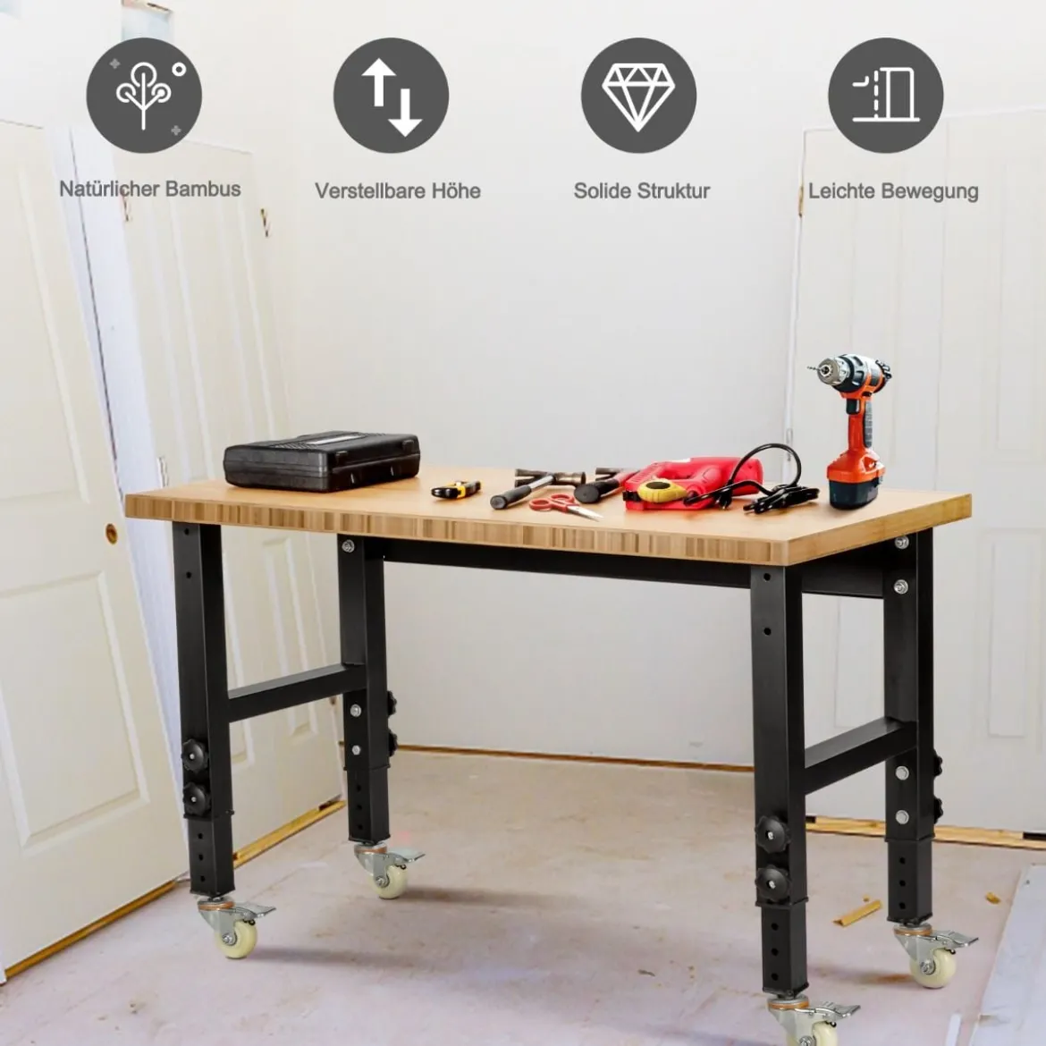 Verstellbare Werkbank mit Universalrollen Arbeitstisch aus Bambus 120 x 60 x 77-101 cm Natur