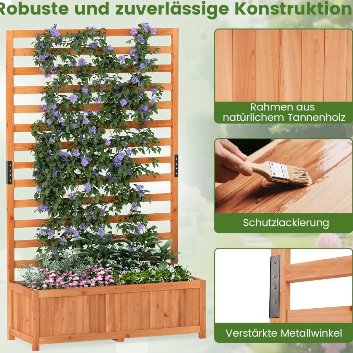 Vertikales Hochbeet aus Fichtenholz mit Spalier & Drainage Blumenkasten mit Sichtschutz Orange