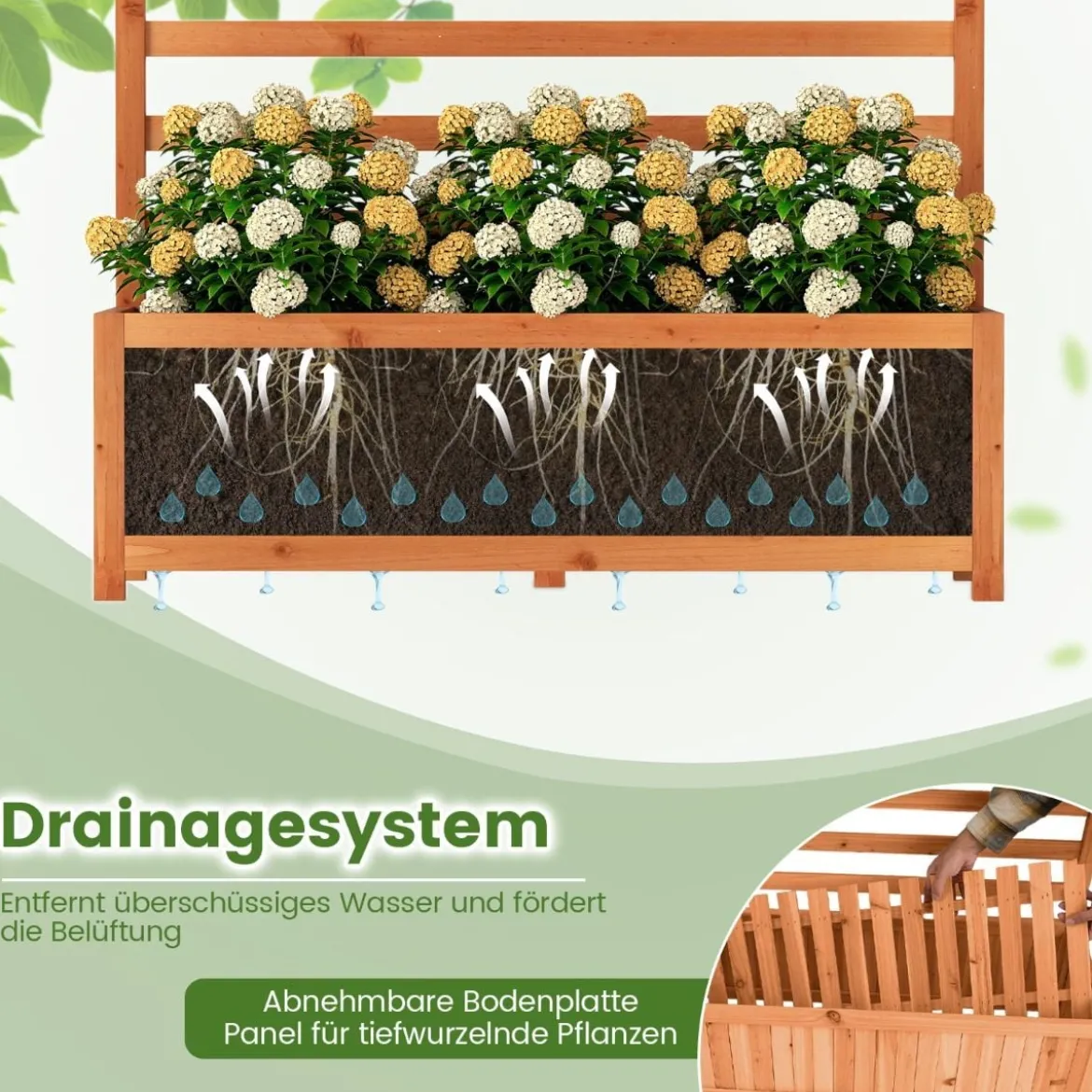 Vertikales Hochbeet aus Fichtenholz mit Spalier & Drainage Blumenkasten mit Sichtschutz Orange