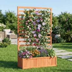 Vertikales Hochbeet aus Fichtenholz mit Spalier & Drainage Blumenkasten mit Sichtschutz Orange