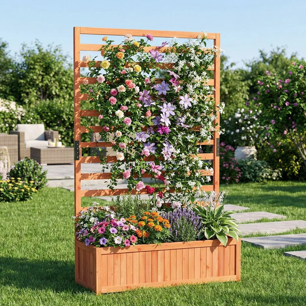 Vertikales Hochbeet aus Fichtenholz mit Spalier & Drainage Blumenkasten mit Sichtschutz Orange