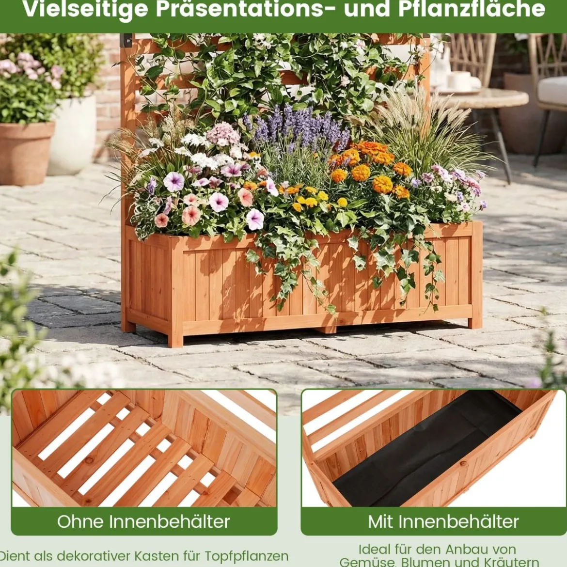 Vertikales Hochbeet aus Fichtenholz mit Spalier & Drainage Blumenkasten mit Sichtschutz Orange
