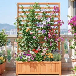 Vertikales Hochbeet aus Fichtenholz mit Spalier & Drainage Blumenkasten mit Sichtschutz Orange