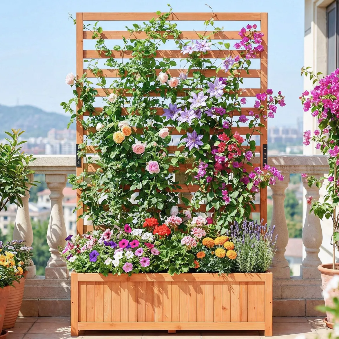 Vertikales Hochbeet aus Fichtenholz mit Spalier & Drainage Blumenkasten mit Sichtschutz Orange