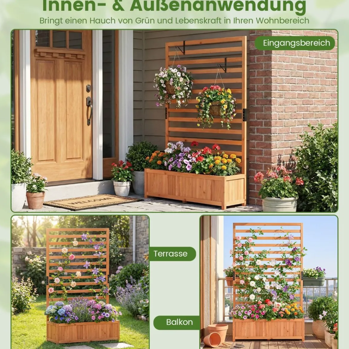 Vertikales Hochbeet aus Fichtenholz mit Spalier & Drainage Blumenkasten mit Sichtschutz Orange