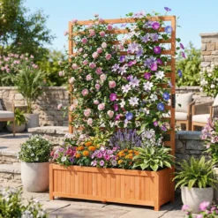Vertikales Hochbeet aus Fichtenholz mit Spalier & Drainage Blumenkasten mit Sichtschutz Orange