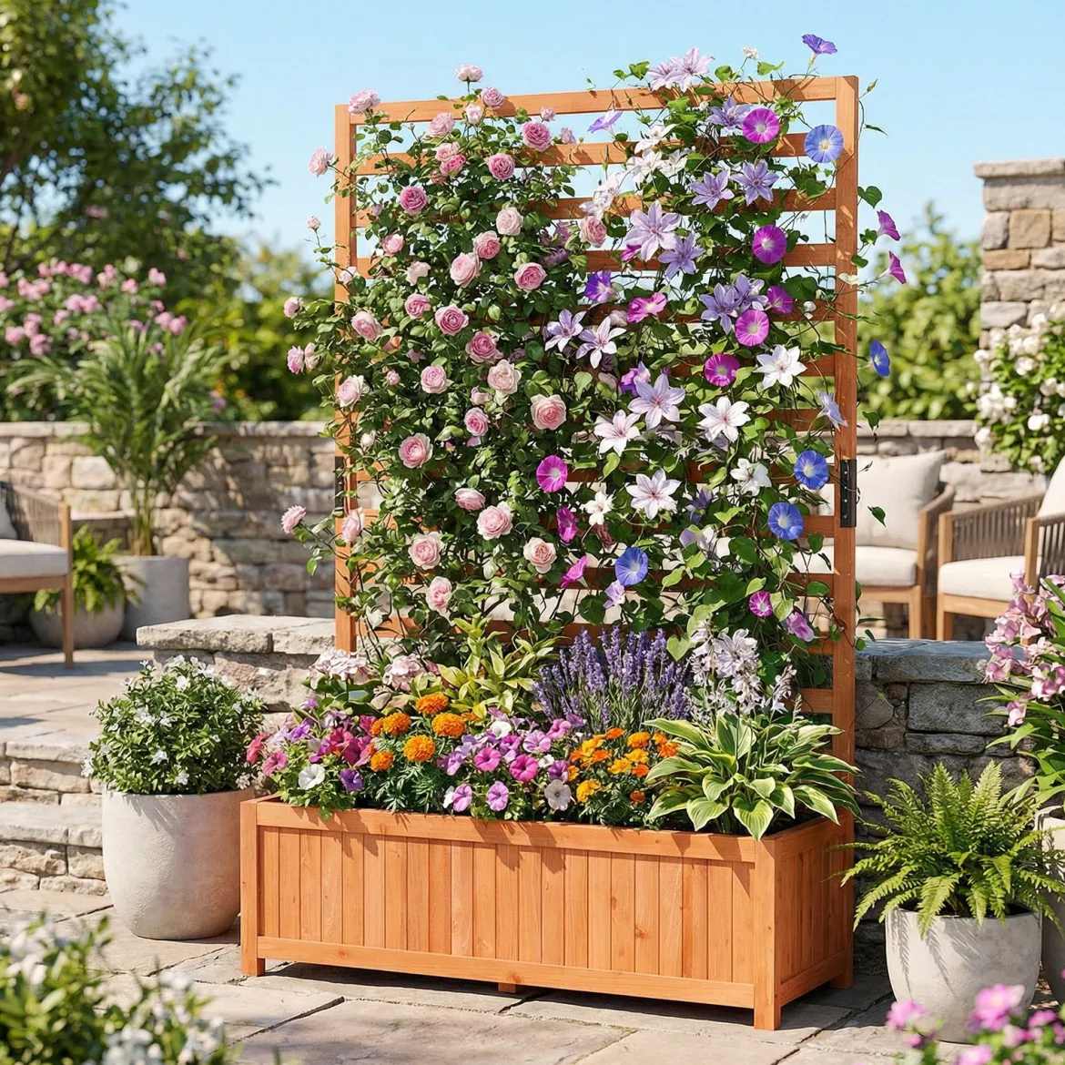 Vertikales Hochbeet aus Fichtenholz mit Spalier & Drainage Blumenkasten mit Sichtschutz Orange