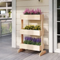 Vertikales Hochbeet mit 3 Etagen Blumenbeet mit 3 Pflanzkästen Gartenbeet Tannenholz Natur 69 x 39 x 109 cm