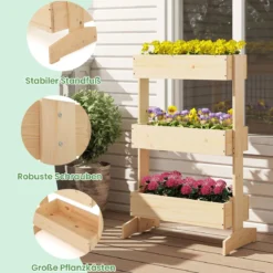 Vertikales Hochbeet mit 3 Etagen Blumenbeet mit 3 Pflanzkästen Gartenbeet Tannenholz Natur 69 x 39 x 109 cm
