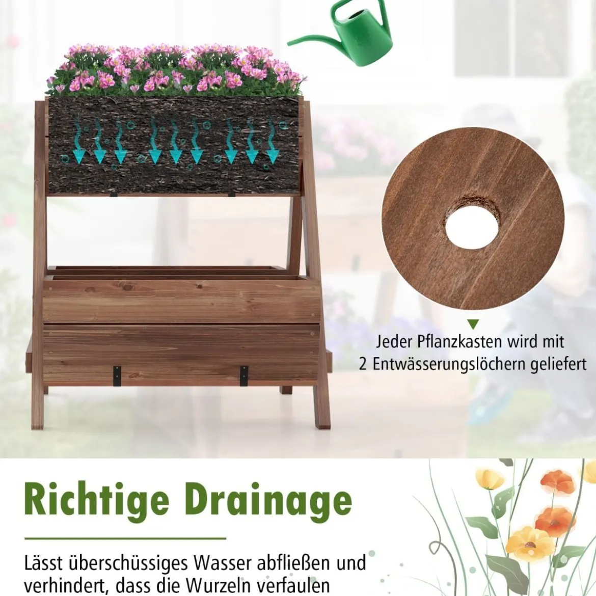 Vertikales Hochbeet mit 2 Etagen & 3 Pflanzkästen & Ablauflöchern Blumenbeet 66 x 73 x 73 cm Braun