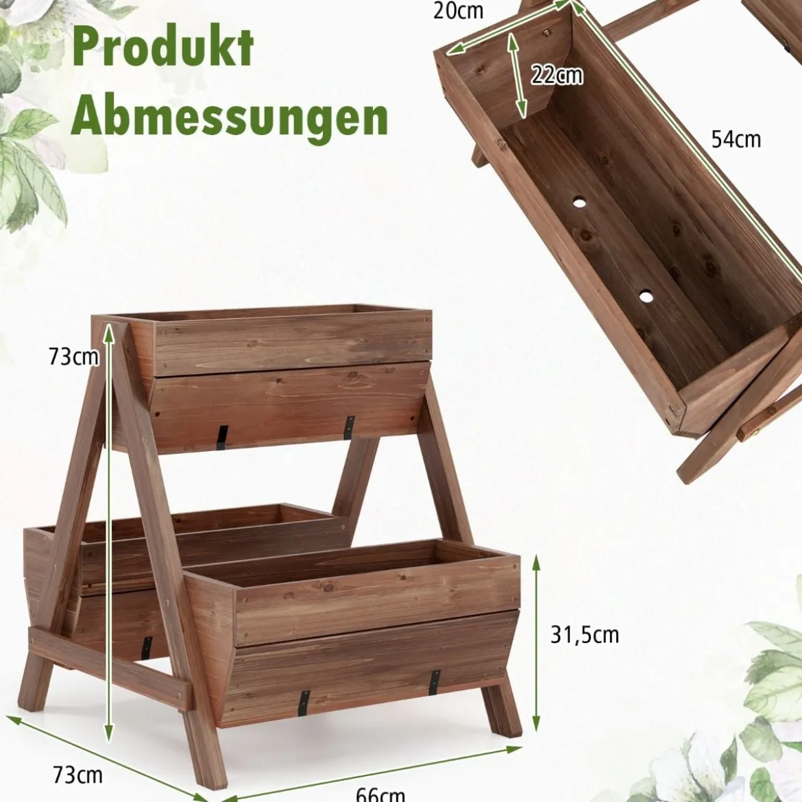 Vertikales Hochbeet mit 2 Etagen & 3 Pflanzkästen & Ablauflöchern Blumenbeet 66 x 73 x 73 cm Braun